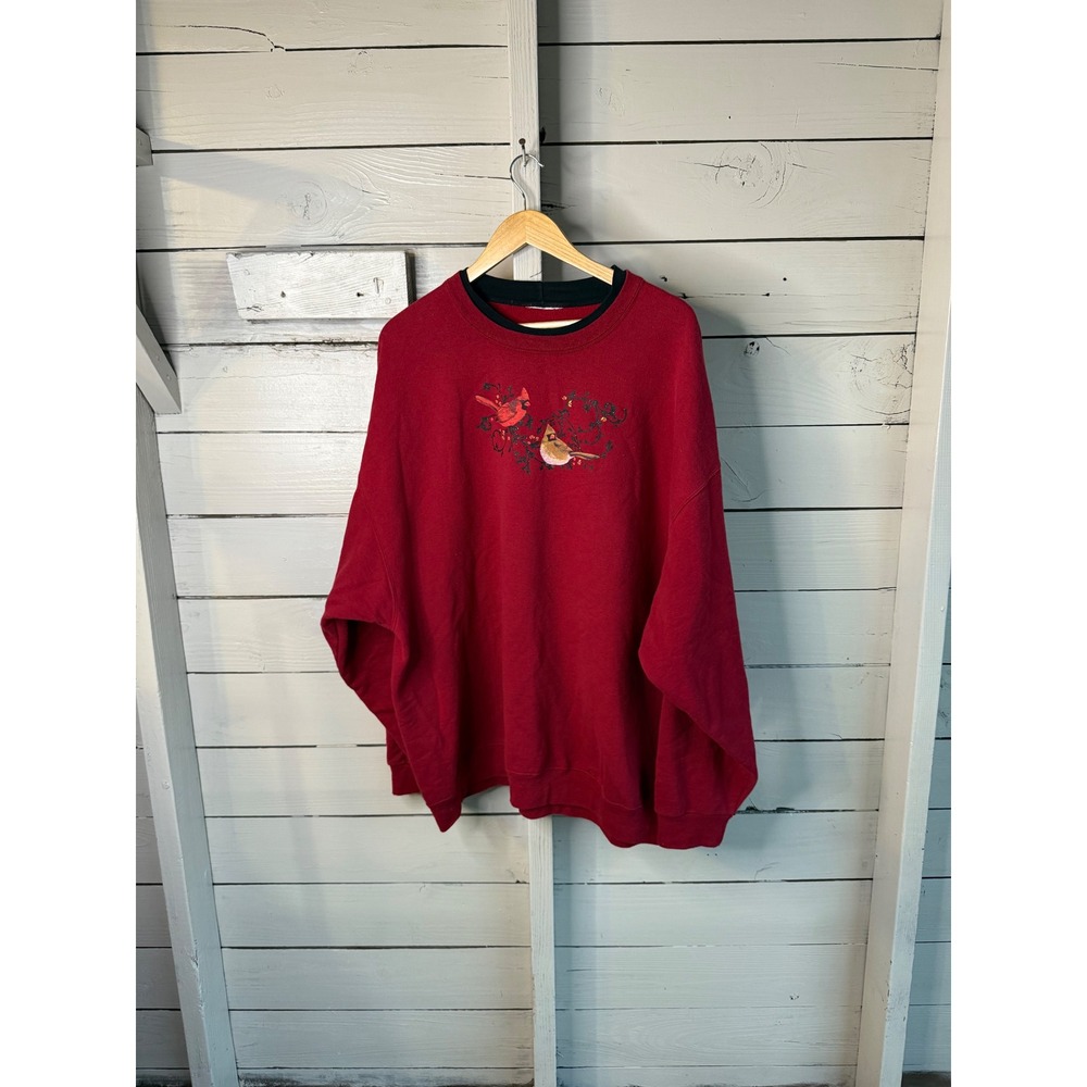 Vintage Cardinal Bird Embroidered Sweatshirt Red Double Neck Pullover
